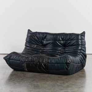 Navy/Black leather Togo 2 seater sofa - HIRE ONLY