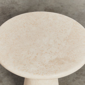 Round travertine side table with conical base - HIRE ONLY