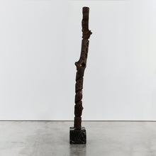 Load image into Gallery viewer, Brutalist wood totem floor sculpture on plinth
