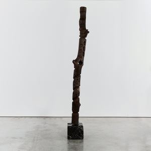 Brutalist wood totem floor sculpture on plinth