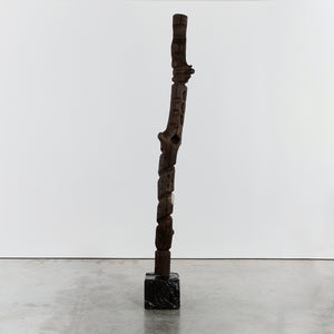 Brutalist wood totem floor sculpture on plinth