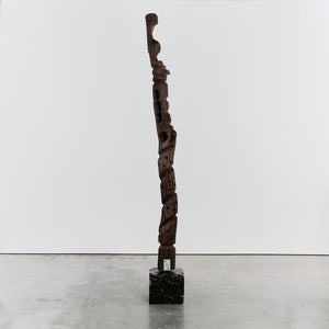 Brutalist wood totem floor sculpture on plinth