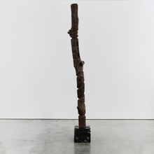 Load image into Gallery viewer, Brutalist wood totem floor sculpture on plinth
