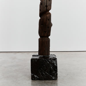 Brutalist wood totem floor sculpture on plinth