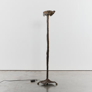 Brutalist cast bronze lamp with marble uplighter
