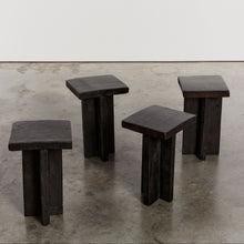 Load image into Gallery viewer, Ebonised wabi-sabi style stools - set of four
