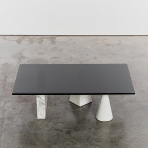 White marble table with black glass